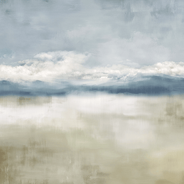 Neutral landscape wall art print with soft valley forms and misty depth, calm decor for modern interiors