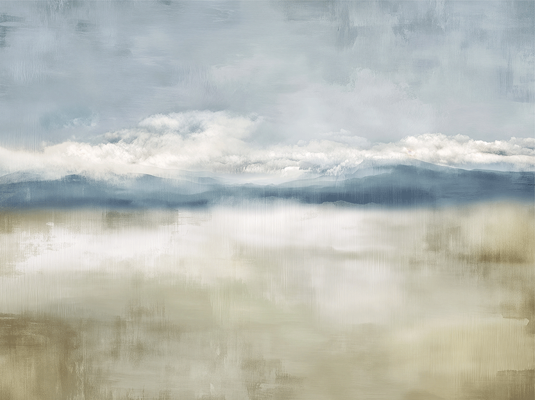 Neutral landscape wall art print with soft valley forms and misty depth, calm decor for modern interiors
