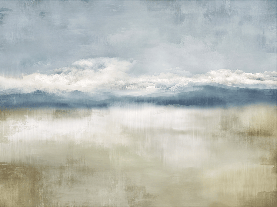 Neutral landscape wall art print with soft valley forms and misty depth, calm decor for modern interiors