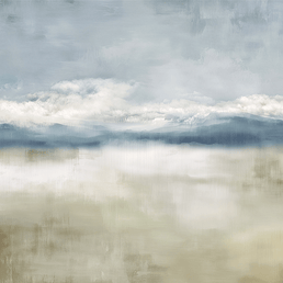 Neutral landscape wall art print with soft valley forms and misty depth, calm decor for modern interiors