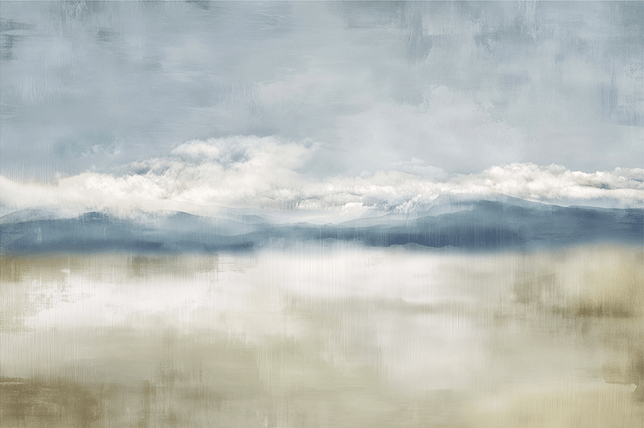 Neutral landscape wall art print with soft valley forms and misty depth, calm decor for modern interiors