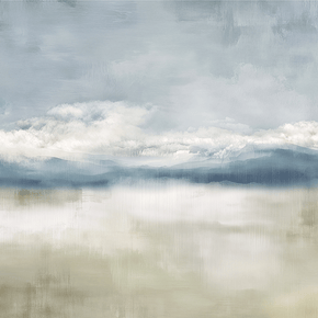 Neutral landscape wall art print with soft valley forms and misty depth, calm decor for modern interiors