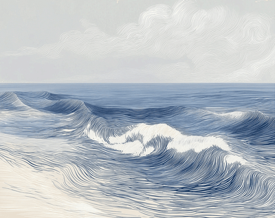 Ocean wall art print with soft breaking wave lines and layered motion, modern coastal decor
