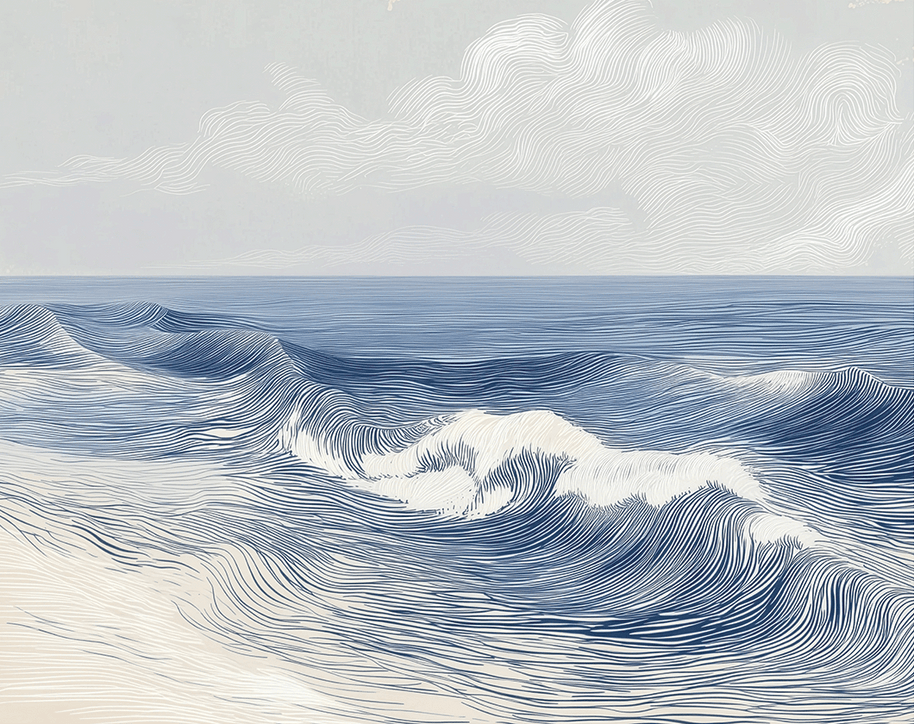 Ocean wall art print with soft breaking wave lines and layered motion, modern coastal decor