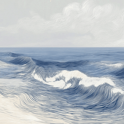 Ocean wall art print with soft breaking wave lines and layered motion, modern coastal decor