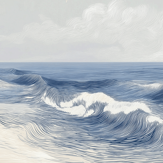 Ocean wall art print with soft breaking wave lines and layered motion, modern coastal decor