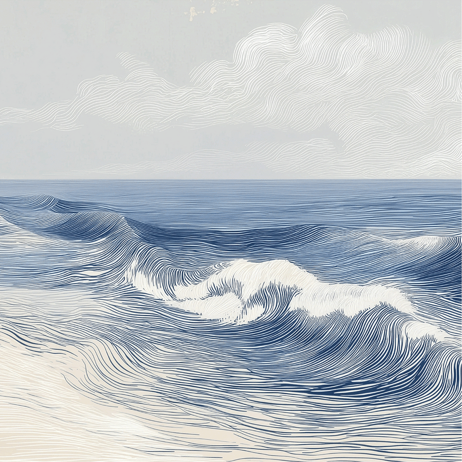Ocean wall art print with soft breaking wave lines and layered motion, modern coastal decor