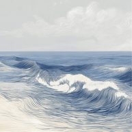 Ocean wall art print with soft breaking wave lines and layered motion, modern coastal decor