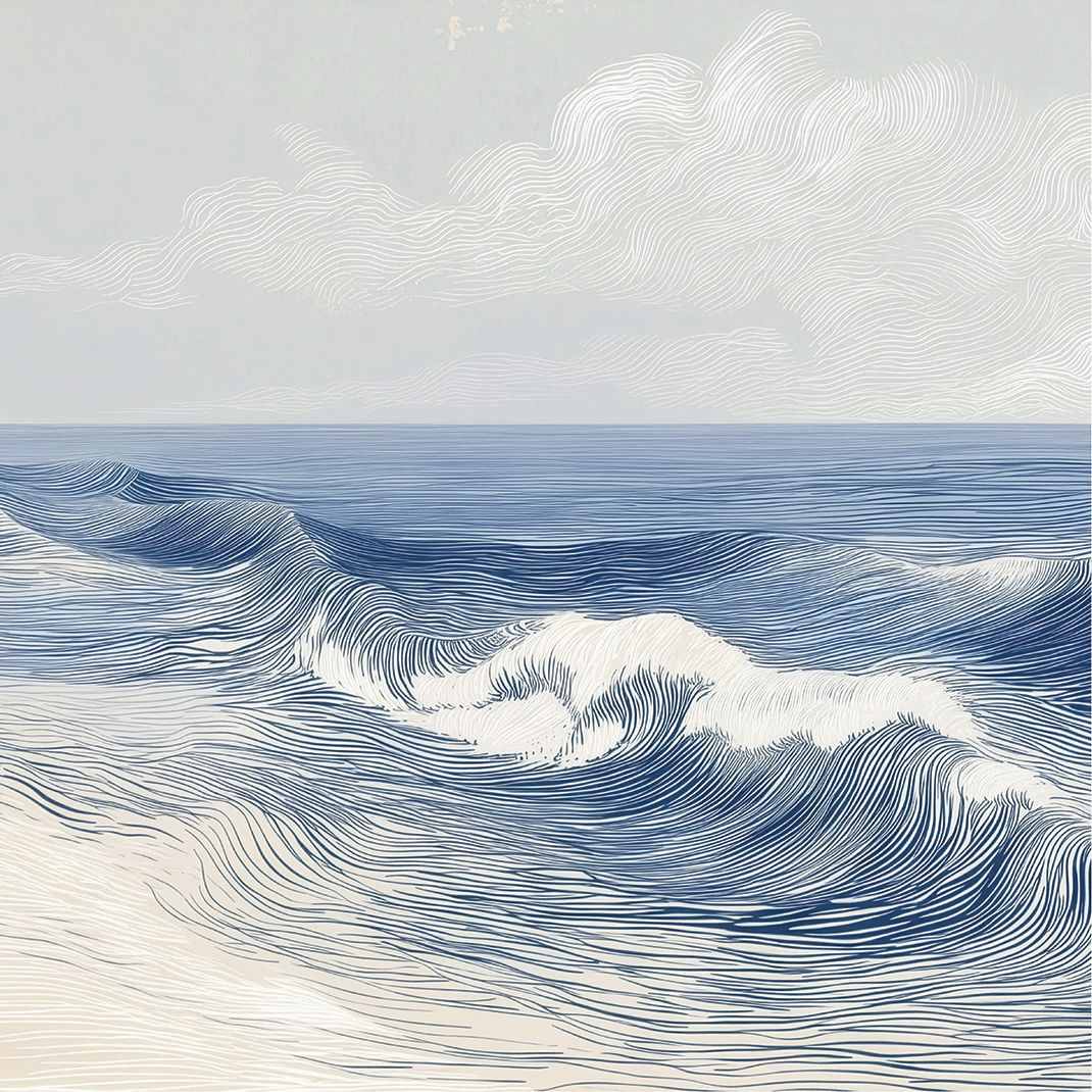 Ocean wall art print with soft breaking wave lines and layered motion, modern coastal decor
