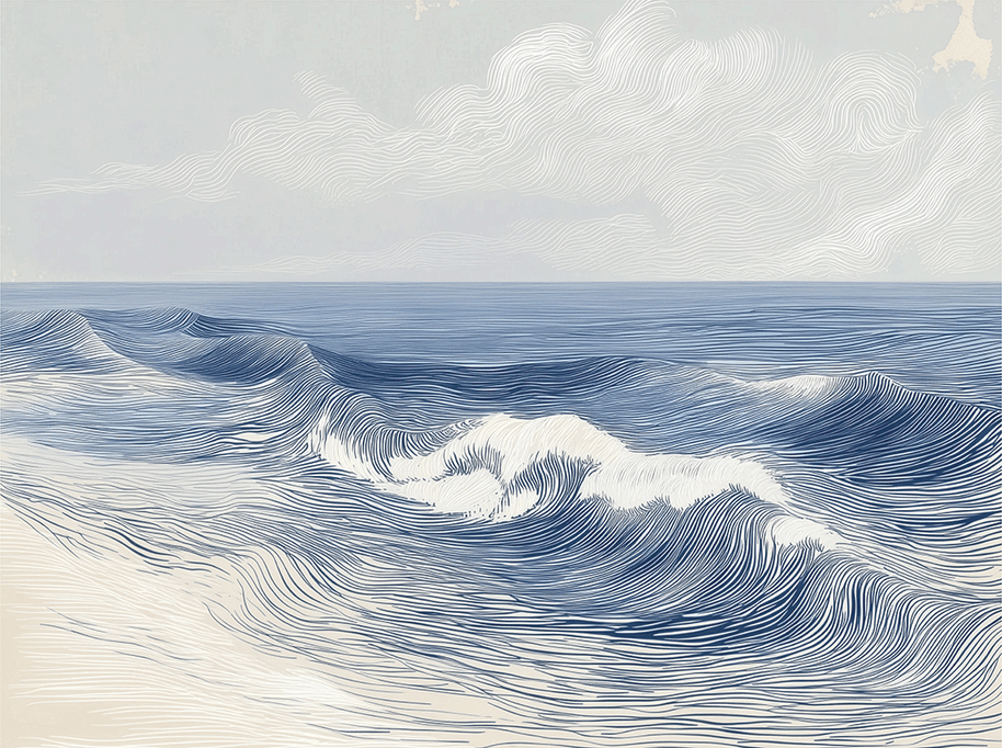 Ocean wall art print with soft breaking wave lines and layered motion, modern coastal decor