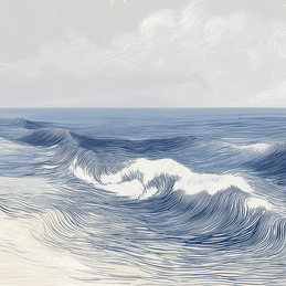 Ocean wall art print with soft breaking wave lines and layered motion, modern coastal decor