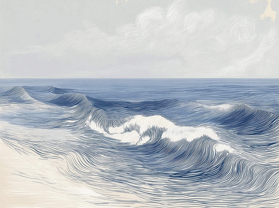 Ocean wall art print with soft breaking wave lines and layered motion, modern coastal decor