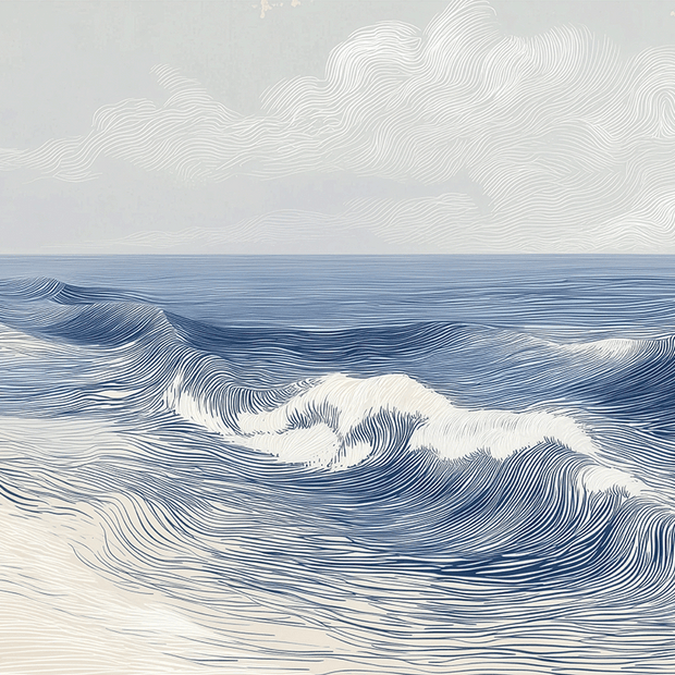 Ocean wall art print with soft breaking wave lines and layered motion, modern coastal decor