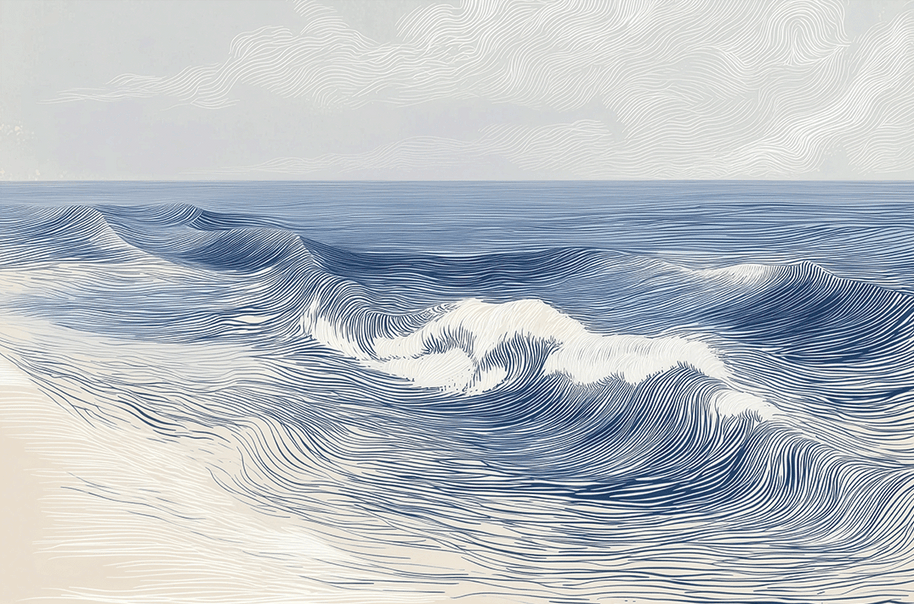 Ocean wall art print with soft breaking wave lines and layered motion, modern coastal decor