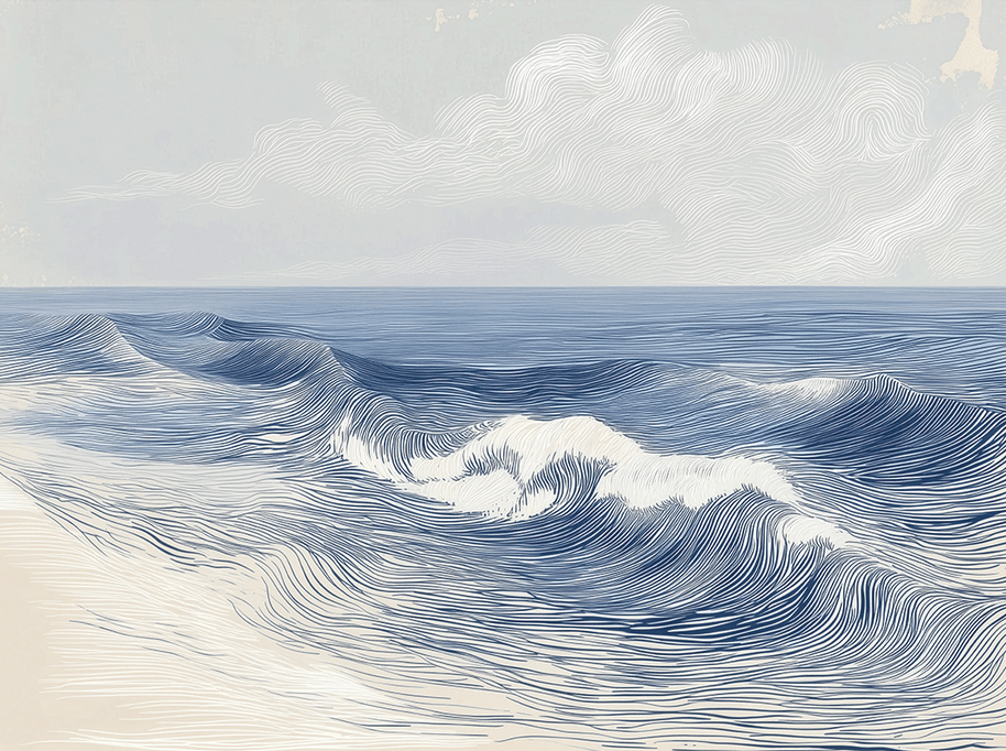 Ocean wall art print with soft breaking wave lines and layered motion, modern coastal decor