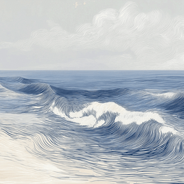 Ocean wall art print with soft breaking wave lines and layered motion, modern coastal decor