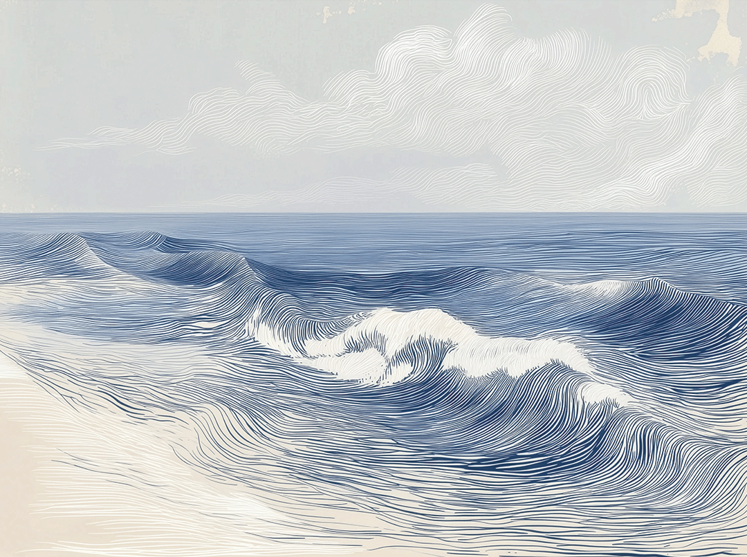 Ocean wall art print with soft breaking wave lines and layered motion, modern coastal decor