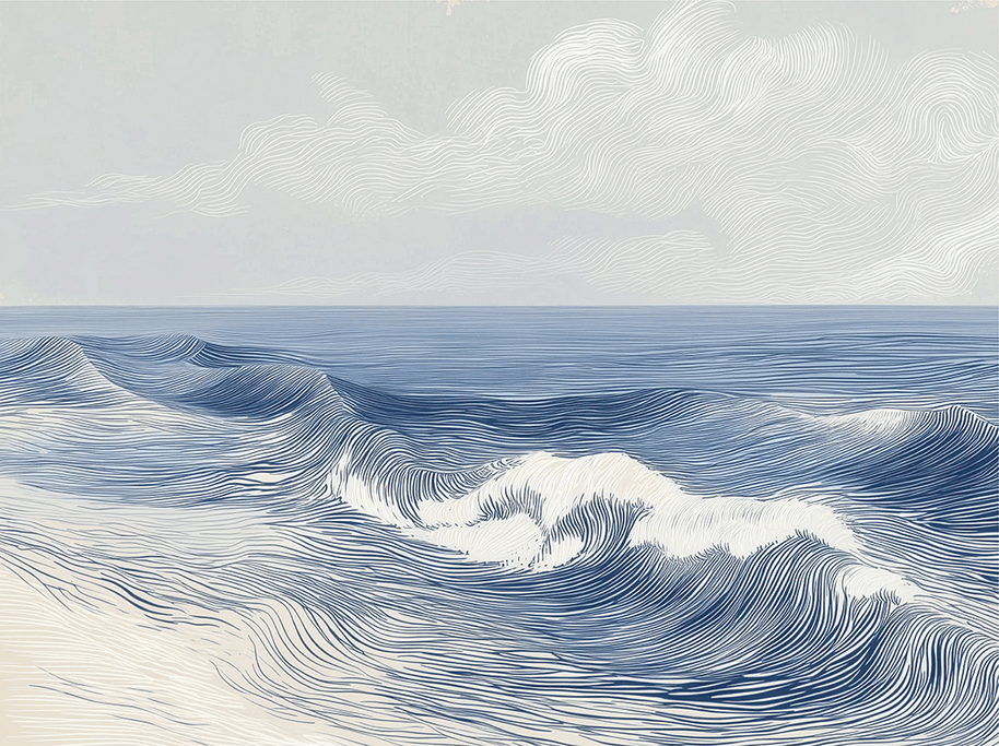 Ocean wall art print with soft breaking wave lines and layered motion, modern coastal decor