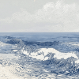 Ocean wall art print with soft breaking wave lines and layered motion, modern coastal decor