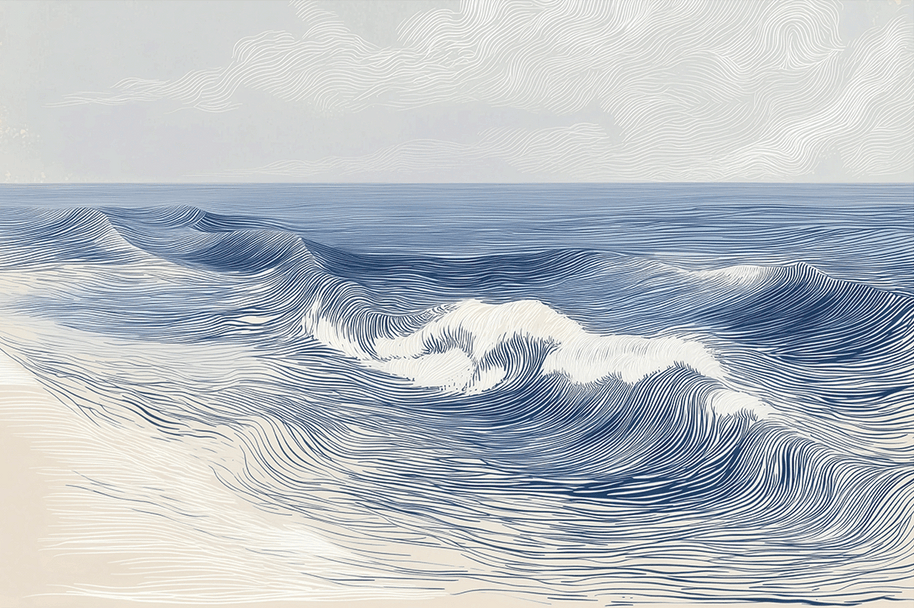 Ocean wall art print with soft breaking wave lines and layered motion, modern coastal decor