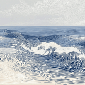 Ocean wall art print with soft breaking wave lines and layered motion, modern coastal decor