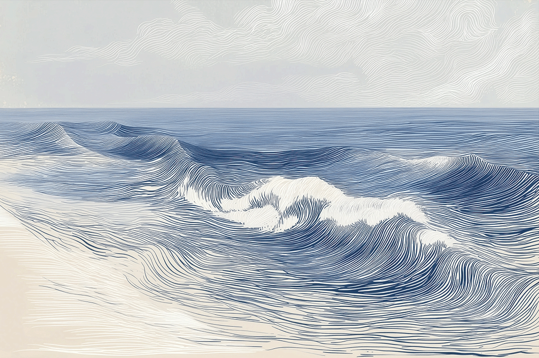 Ocean wall art print with soft breaking wave lines and layered motion, modern coastal decor