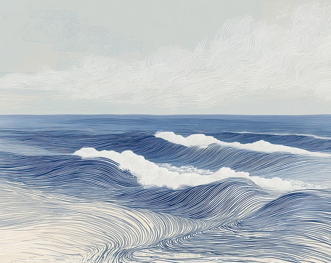 Ocean wall art print with layered waves and soft motion, calming coastal decor for modern home