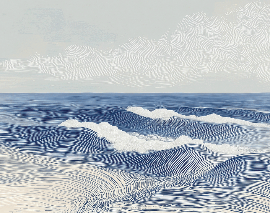 Ocean wall art print with layered waves and soft motion, calming coastal decor for modern home