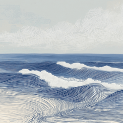Ocean wall art print with layered waves and soft motion, calming coastal decor for modern home