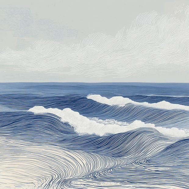 Ocean wall art print with layered waves and soft motion, calming coastal decor for modern home