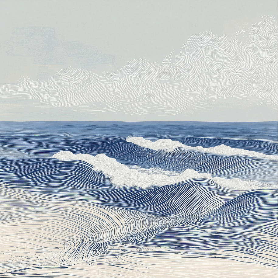 Ocean wall art print with layered waves and soft motion, calming coastal decor for modern home
