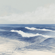 Ocean wall art print with layered waves and soft motion, calming coastal decor for modern home