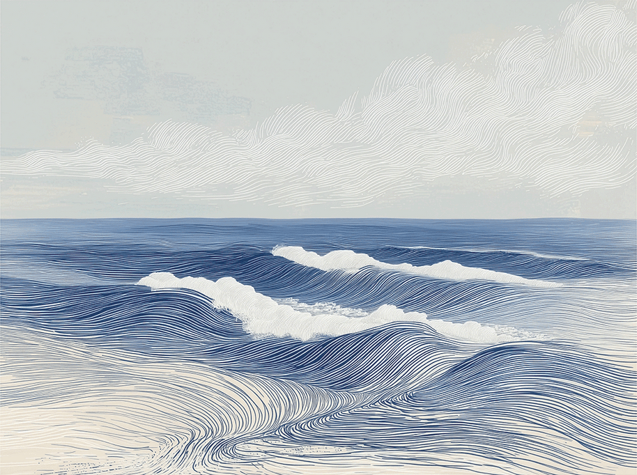 Ocean wall art print with layered waves and soft motion, calming coastal decor for modern home