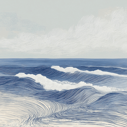 Ocean wall art print with layered waves and soft motion, calming coastal decor for modern home