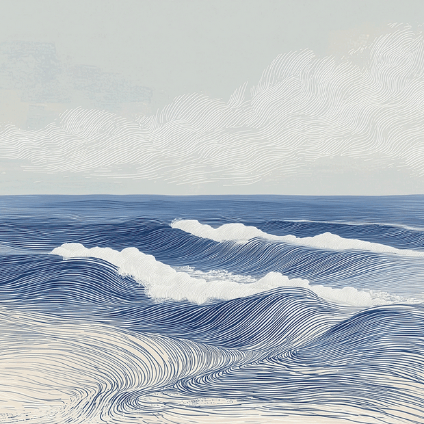 Ocean wall art print with layered waves and soft motion, calming coastal decor for modern home