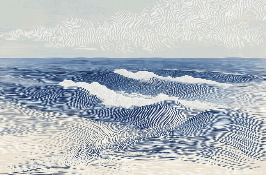 Ocean wall art print with layered waves and soft motion, calming coastal decor for modern home