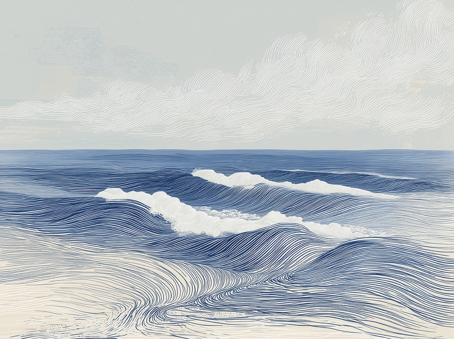 Ocean wall art print with layered waves and soft motion, calming coastal decor for modern home