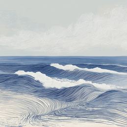 Ocean wall art print with layered waves and soft motion, calming coastal decor for modern home