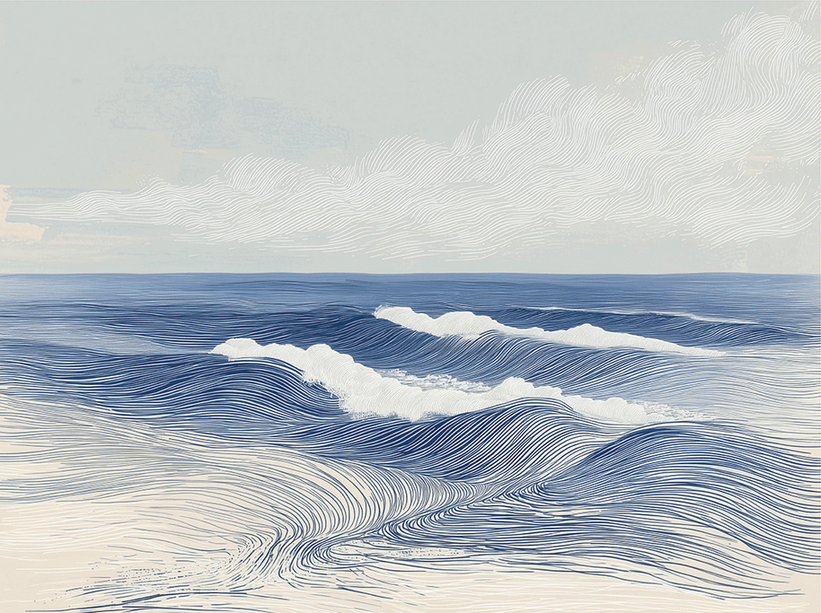 Ocean wall art print with layered waves and soft motion, calming coastal decor for modern home