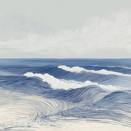 Ocean wall art print with layered waves and soft motion, calming coastal decor for modern home