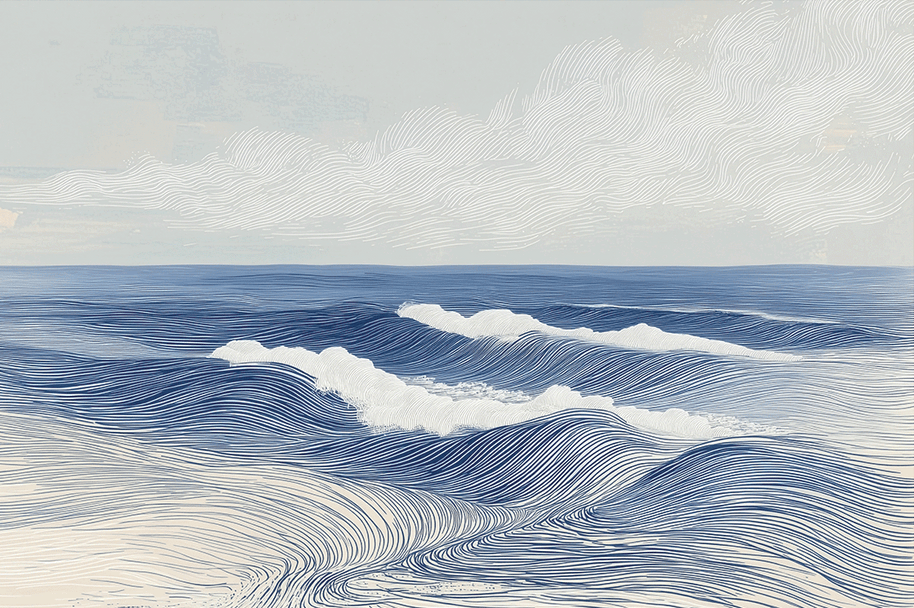 Ocean wall art print with layered waves and soft motion, calming coastal decor for modern home
