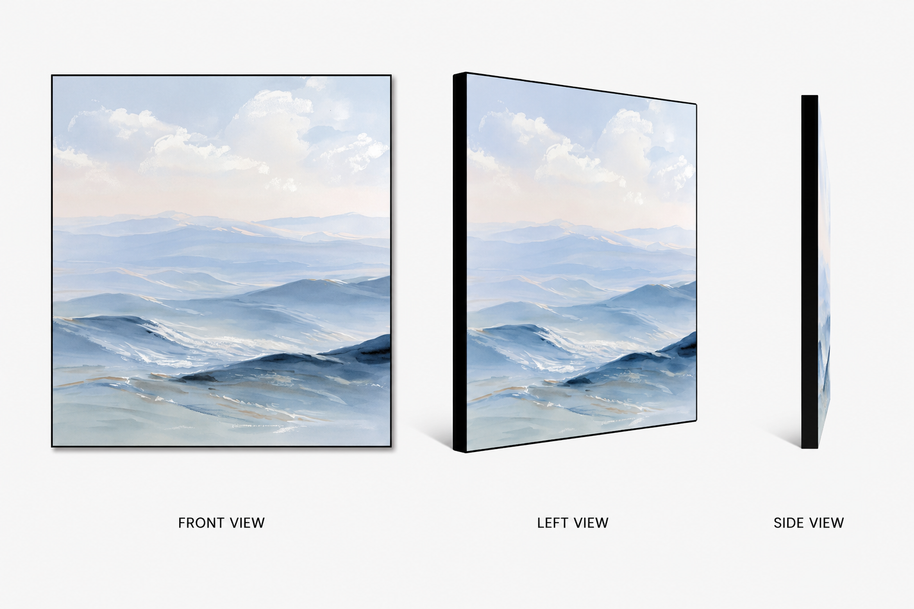 Open Water — open water with gentle ripples on swappable fabric wall art, shown in a 24x24 inch Framilie aluminum frame from front, angle and side