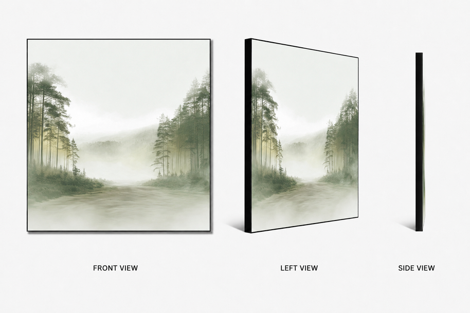 Quiet Clearing — sunlit woodland clearing on swappable fabric wall art, shown in a 24x24 inch Framilie aluminum frame from front, angle and side