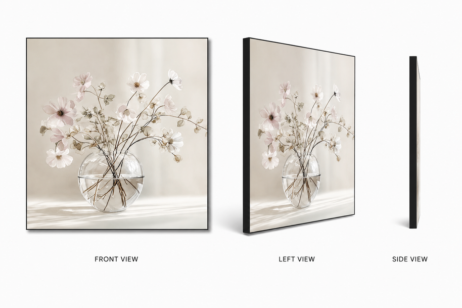 Quiet Stems — delicate minimal stems on swappable fabric wall art, shown in a 24x24 inch Framilie aluminum frame from front, angle and side