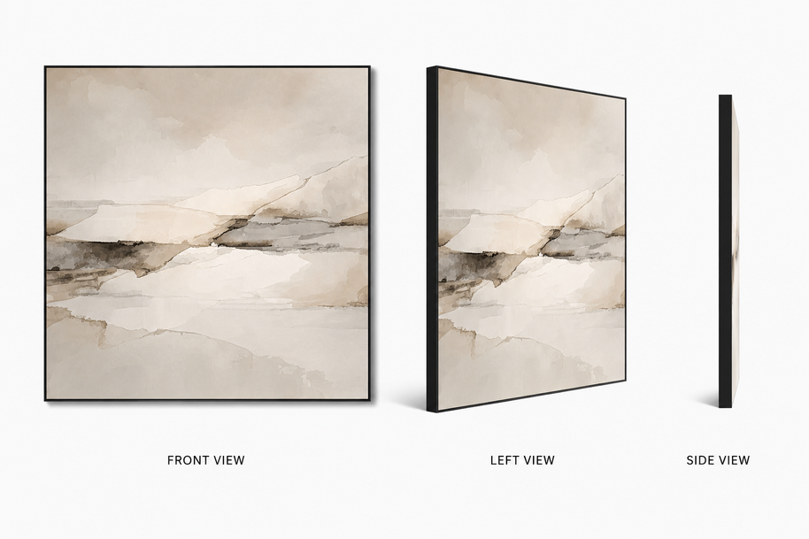 Quiet Terrain — layered earth-tone terrain on swappable fabric wall art, shown in a 24x24 inch Framilie aluminum frame from front, angle and side