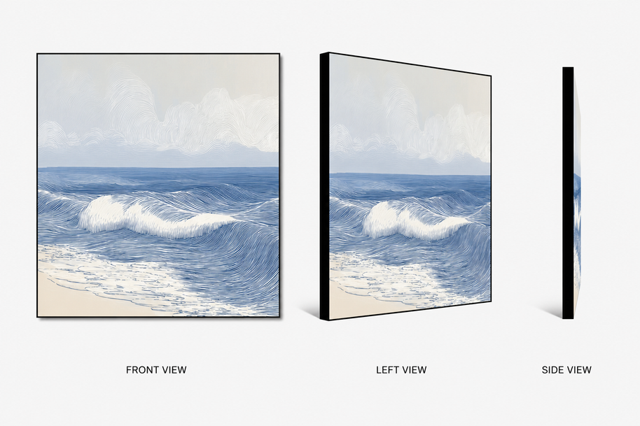 Rolling Tide — rolling tide curve on swappable fabric wall art, shown in a 24x24 inch Framilie aluminum frame from front, angle and side