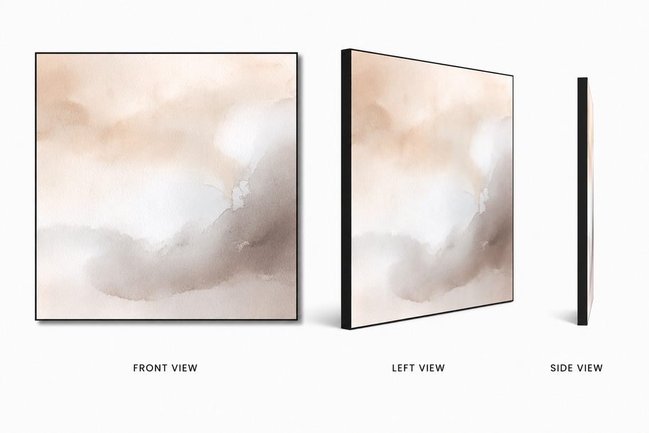 Silent Basin — soft earth-tone basin on swappable fabric wall art, shown in a 24x24 inch Framilie aluminum frame from front, angle and side