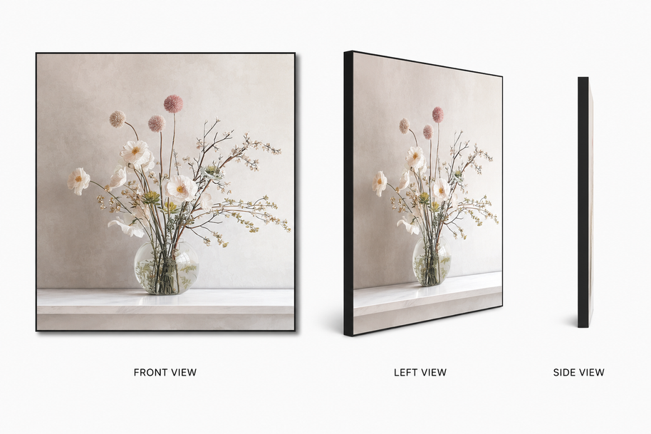 Soft Blossom — white blossoms in a glass vase on swappable fabric wall art, shown in a 24x24 inch Framilie aluminum frame from front, angle and side