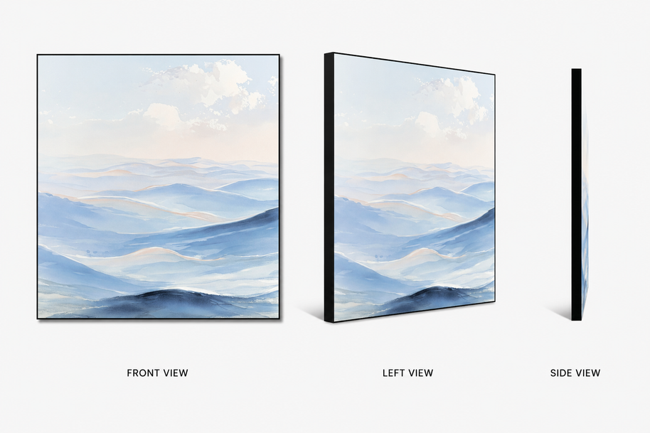 Soft Horizon — soft horizon line over calm water on swappable fabric wall art, shown in a 24x24 inch Framilie aluminum frame from front, angle and side