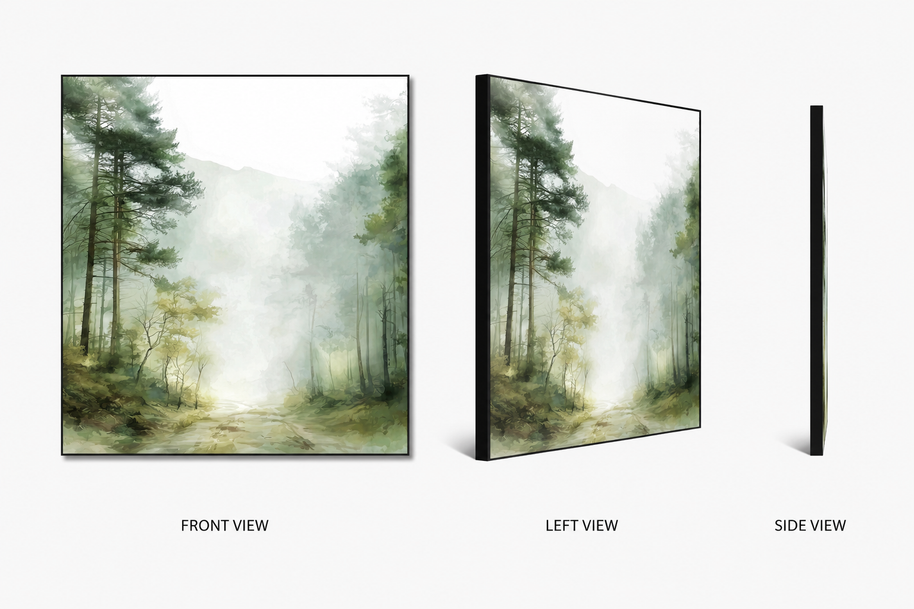 Soft Woodland — muted soft woodland on swappable fabric wall art, shown in a 24x24 inch Framilie aluminum frame from front, angle and side